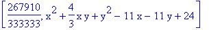[267910/333333, x^2+4/3*x*y+y^2-11*x-11*y+24]